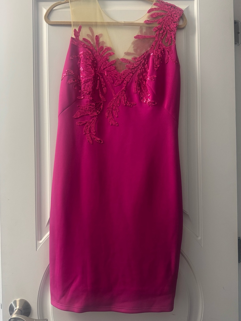 Tadashi Shoji Fuchsia Beaded Illusion Sheath Dress | Formal Cocktail | Size M